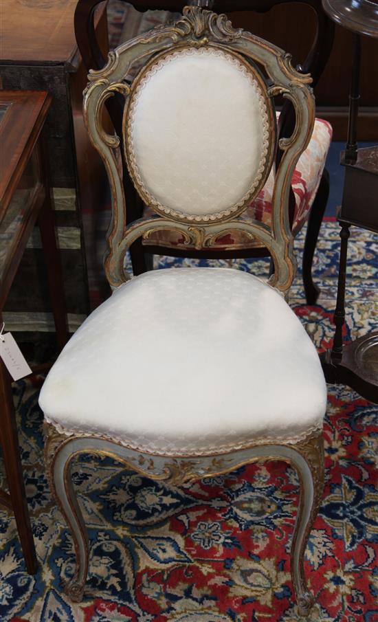 A pair of Victorian grey painted and parcel gilt salon chairs
